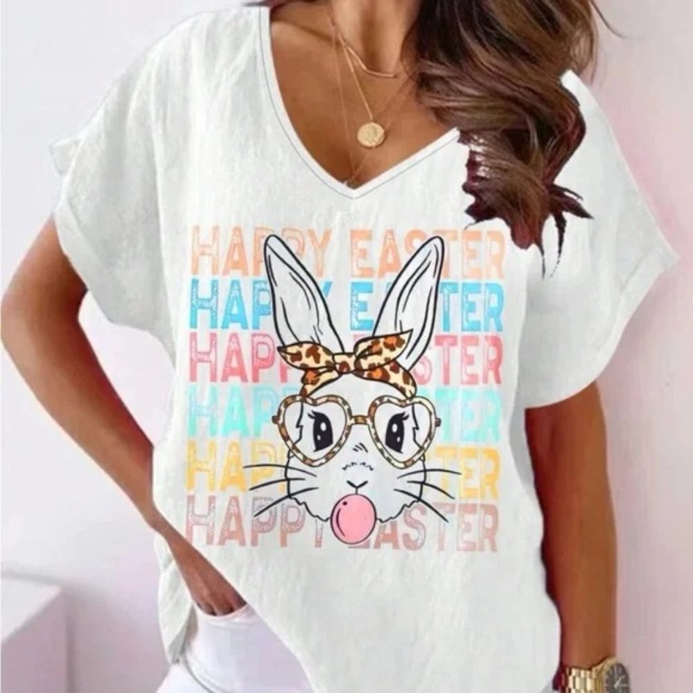 Plus Size Easter Bunny Printed V-Neck Short Sleeve T-Shirt, Casual